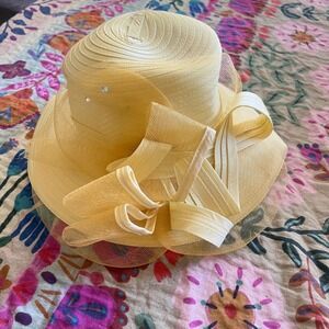 Sierra Millinery Hat Womens OS Wide Brim Rhinestone Yellow Easter Spring Church